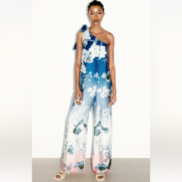 NWT ZARA Blue Floral One-Shoulder Wide Leg Jumpsuit XS - Picture 5 of 16